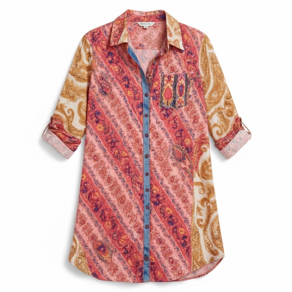 New Soft Surroundings Tunic Blouse Boho Beach Coverup Resort Top Long Sleeve Med